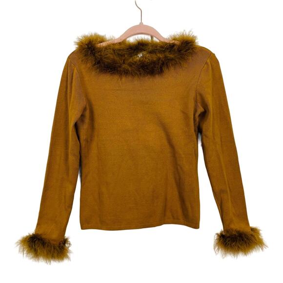 Vintage Feather Trim Fringe Blouse Top Shirt Knit REtro 80s 90s Brown Tan - Picture 1 of 6